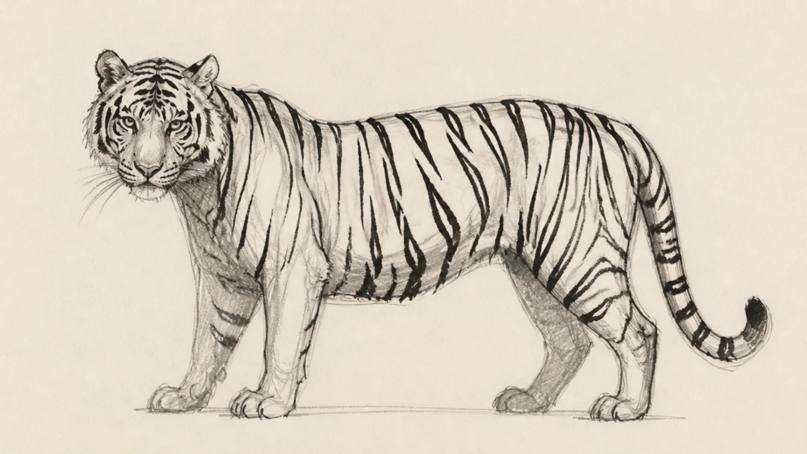 A bold brush-ink sketch focused on expressive tiger stripes