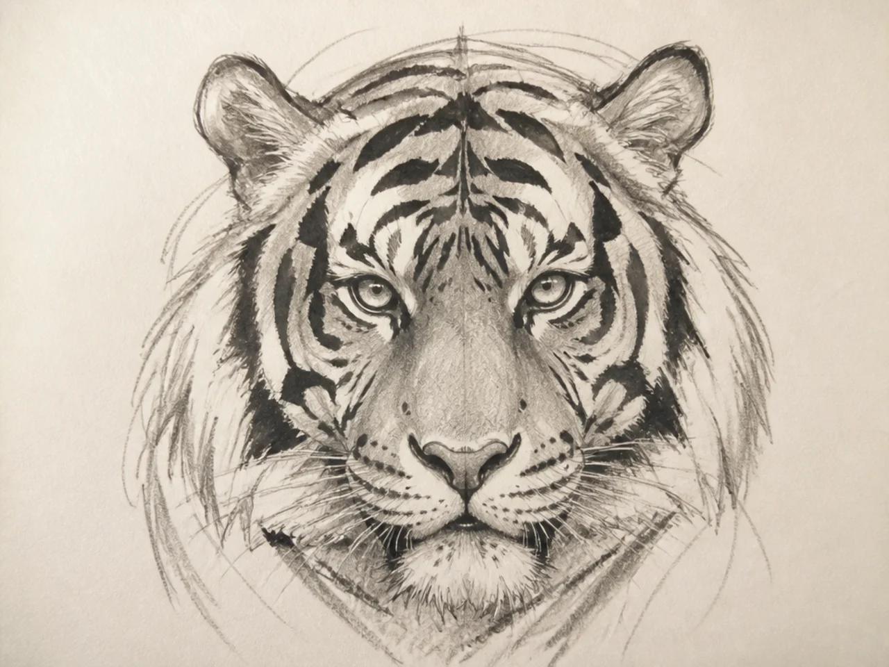 A developed pencil portrait sketch of a tiger's face with soft shading