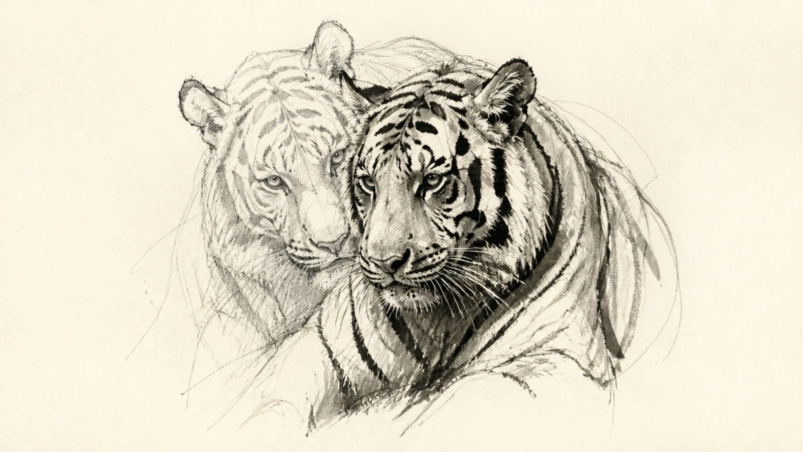 A loose sketch of two tigers nuzzling or sparring together