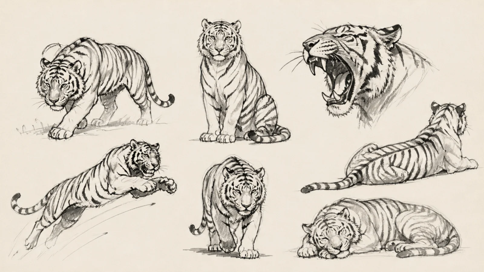 A page filled with many small quick tiger sketches in different poses