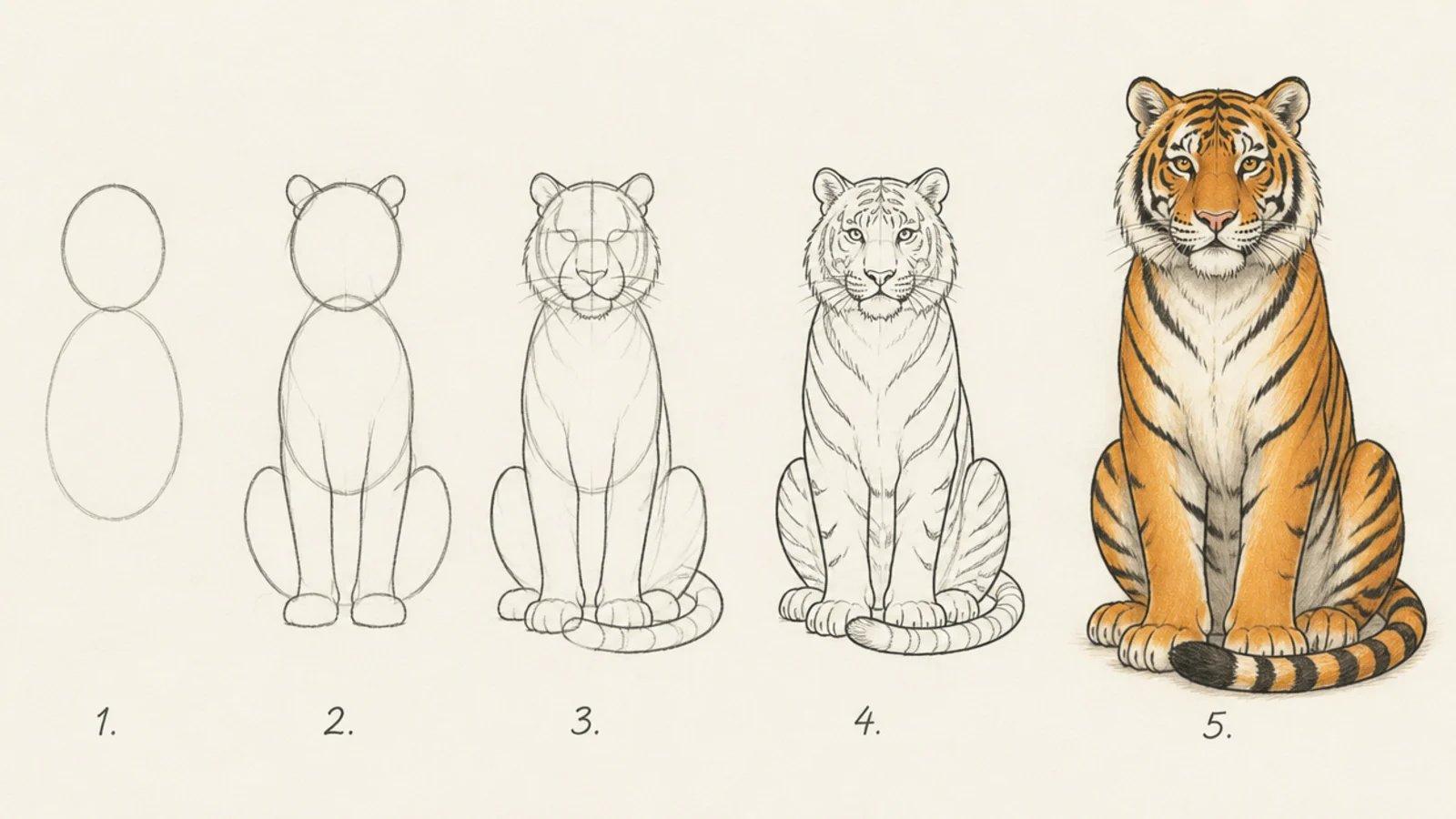 A tiger sitting upright drawn from the same method