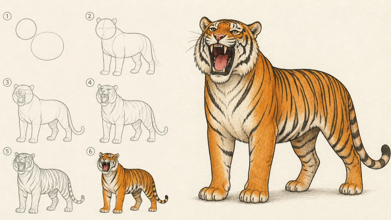 A standing tiger with an open roaring mouth from the same method
