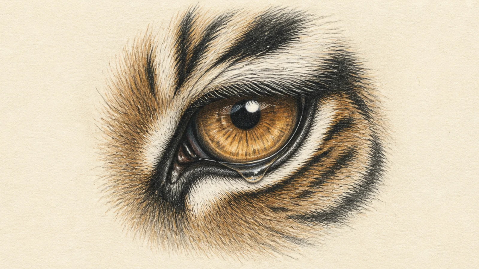 A tiger eye brimming with a glistening tear