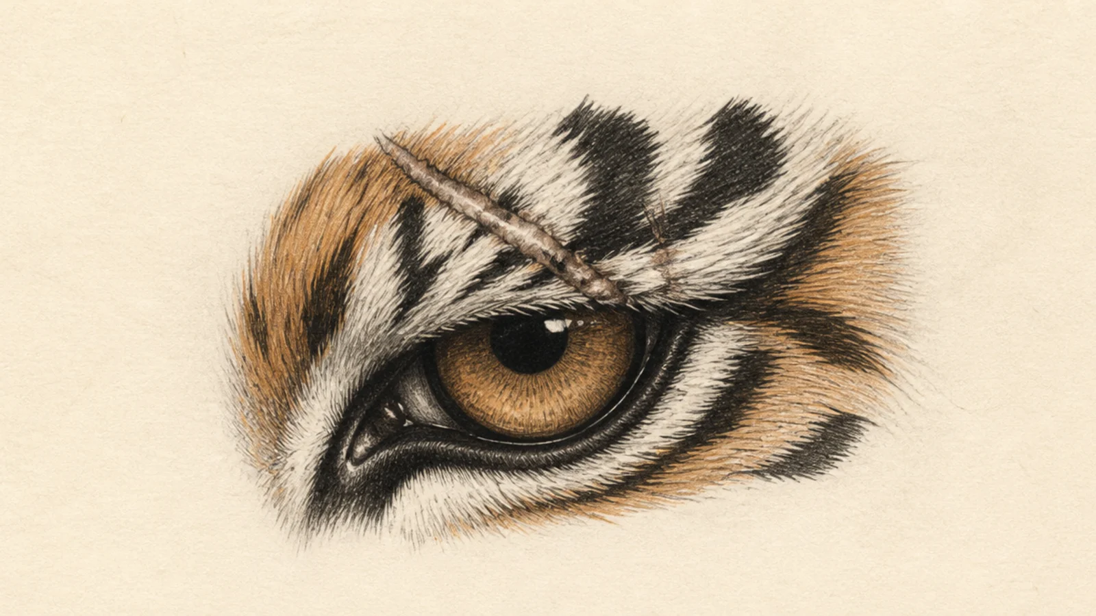 A tiger eye with an old scar crossing the brow