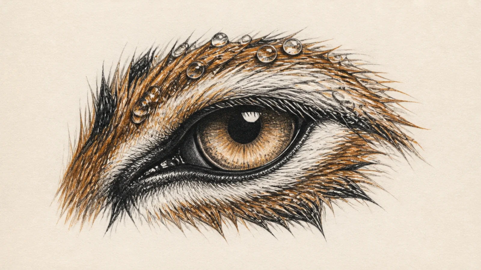 A tiger eye with rain droplets on the surrounding fur