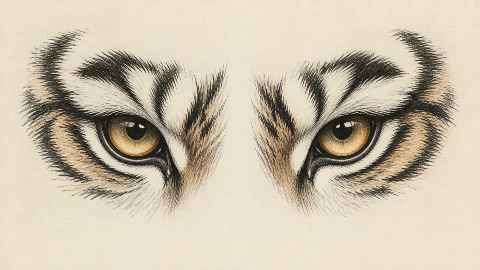 A study of both tiger eyes with the surrounding fur, brow, and stripes