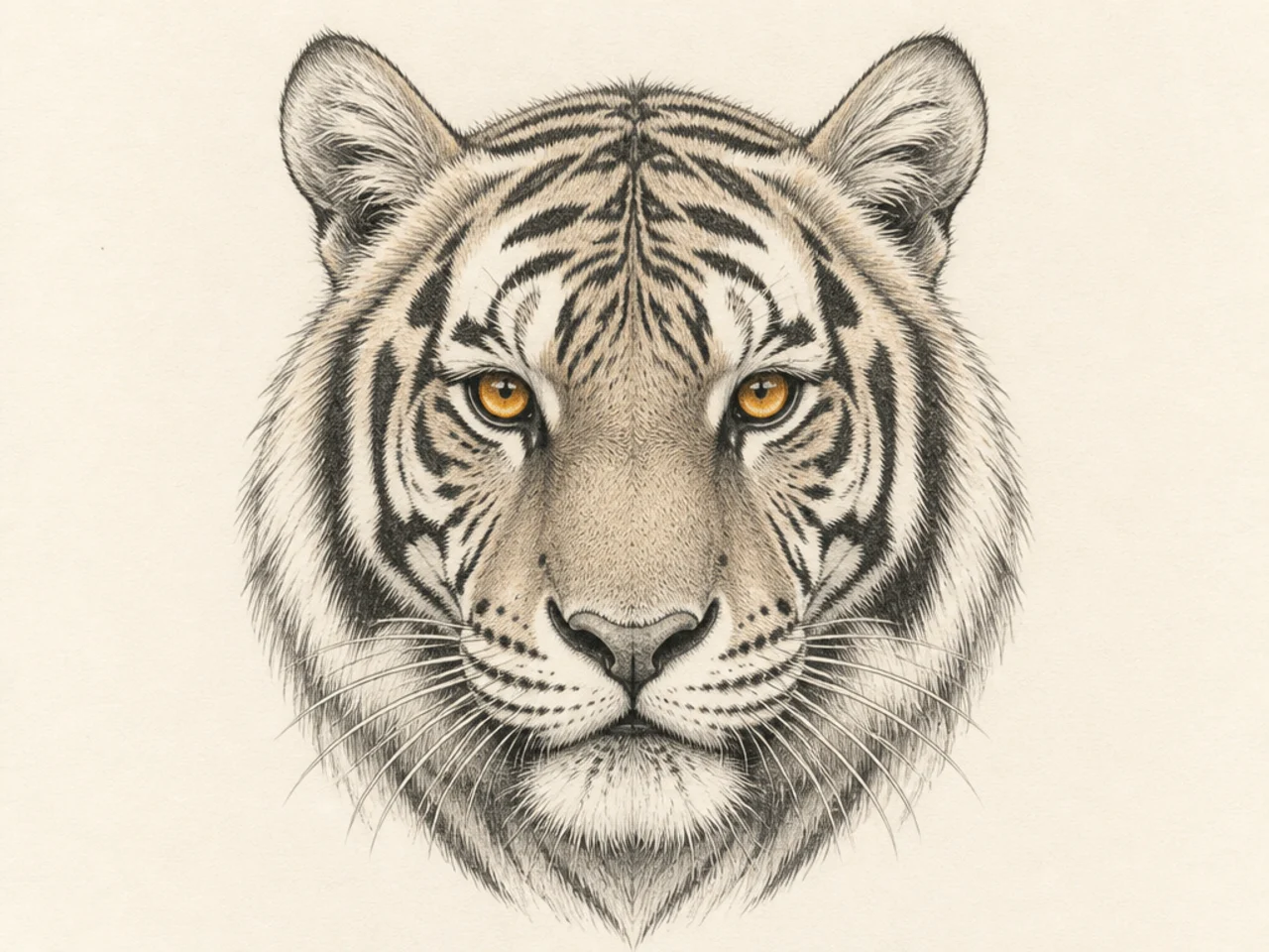 A balanced front-facing tiger portrait with even stripes and bright eyes
