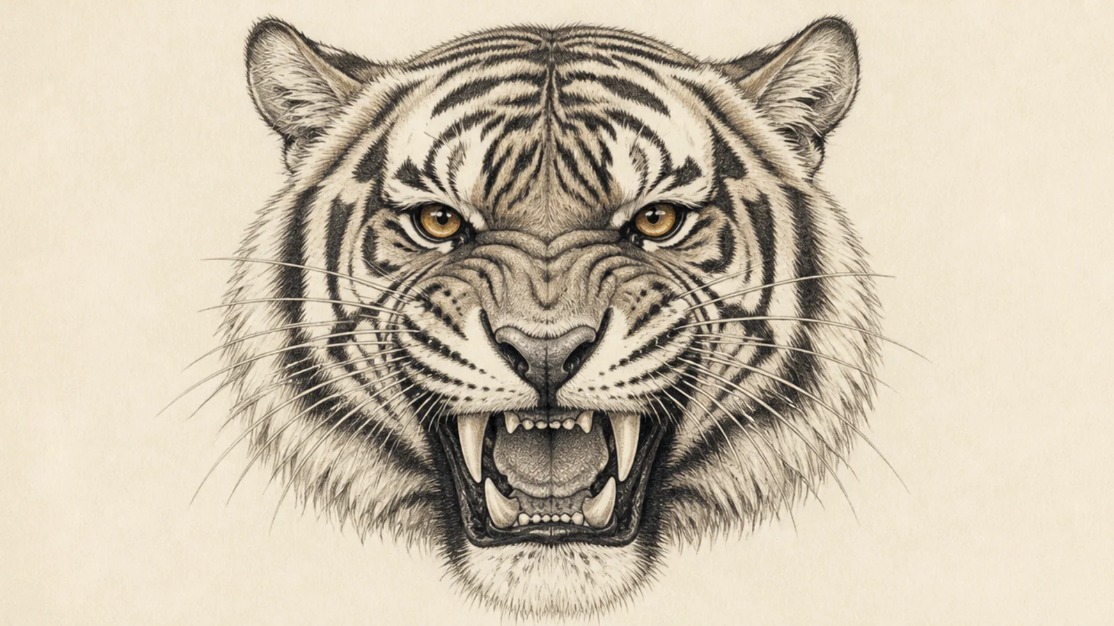 A snarling tiger face with bared fangs and a wrinkled nose