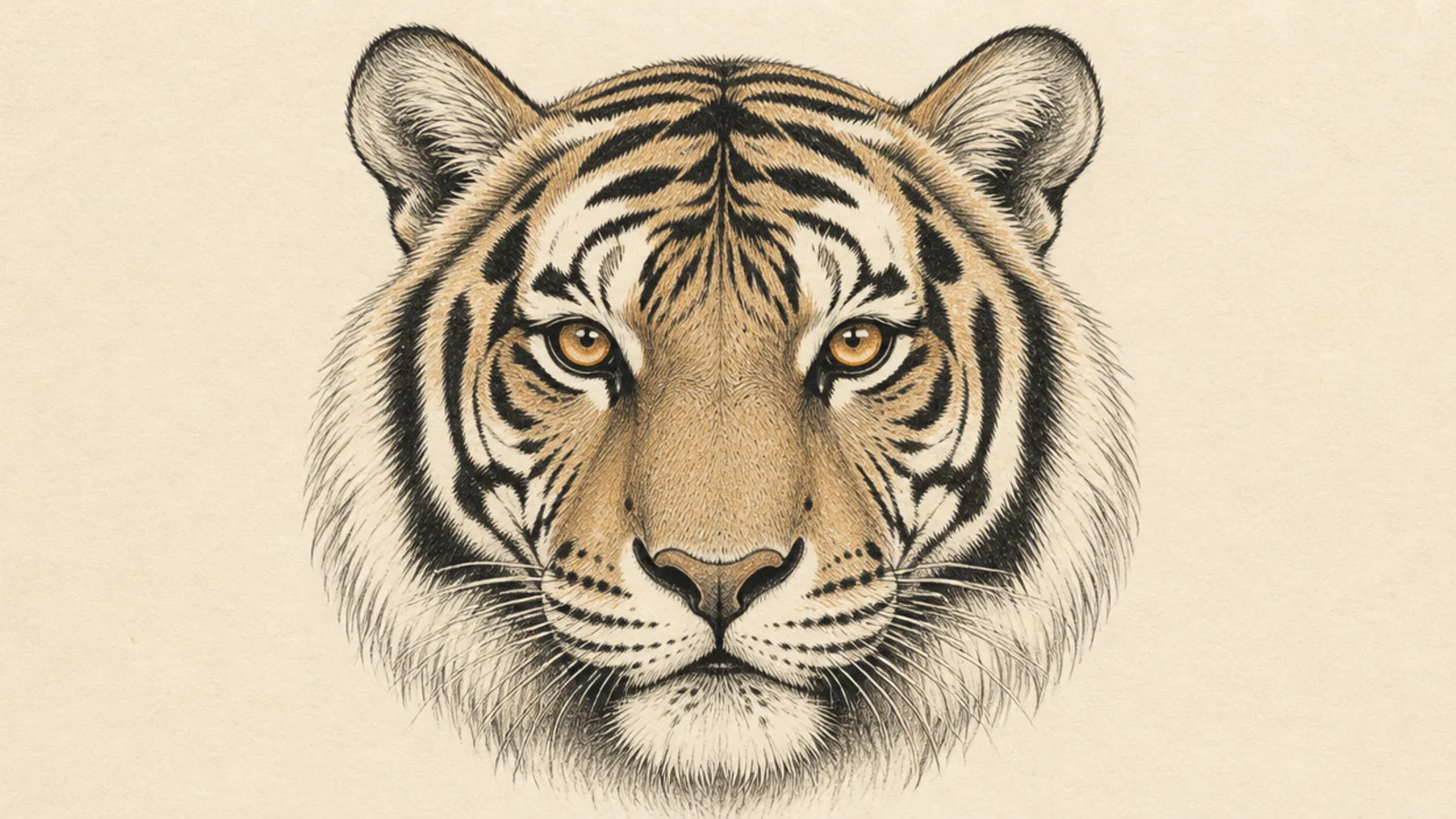A calm, peaceful tiger face gazing softly forward