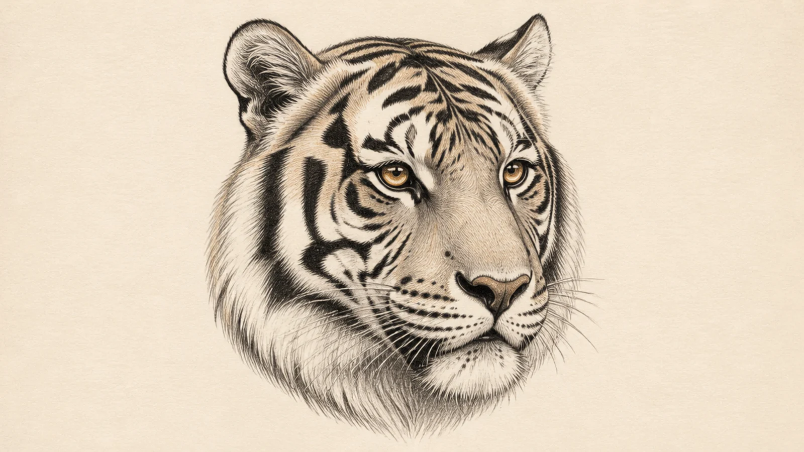 A tiger face turned three-quarters showing depth and form