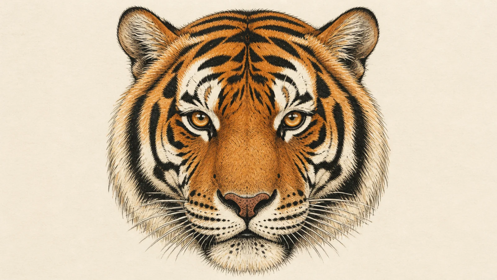 A Bengal tiger face with thick bold black stripes on orange