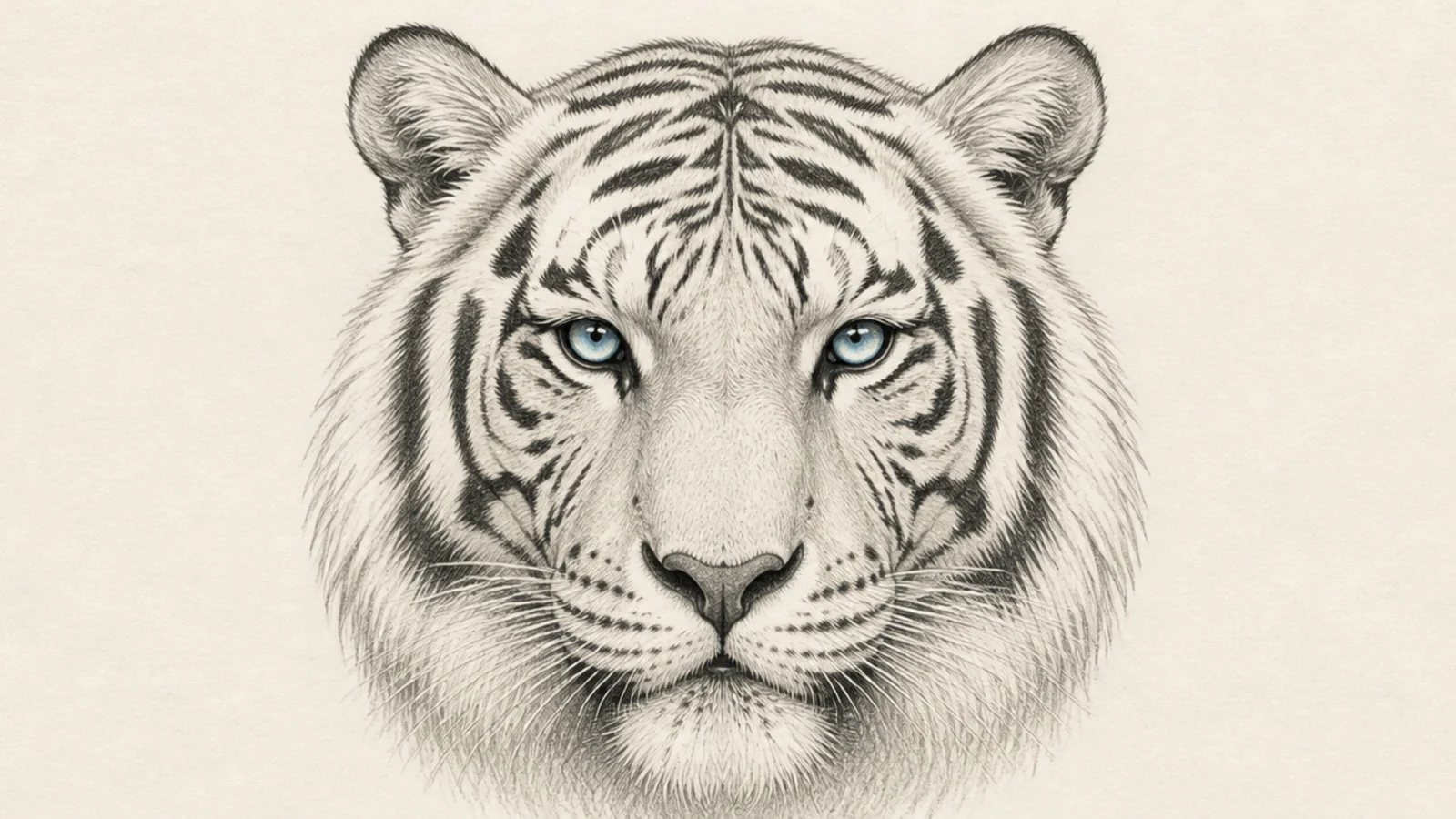A white tiger face with pale fur, dark stripes, and blue eyes