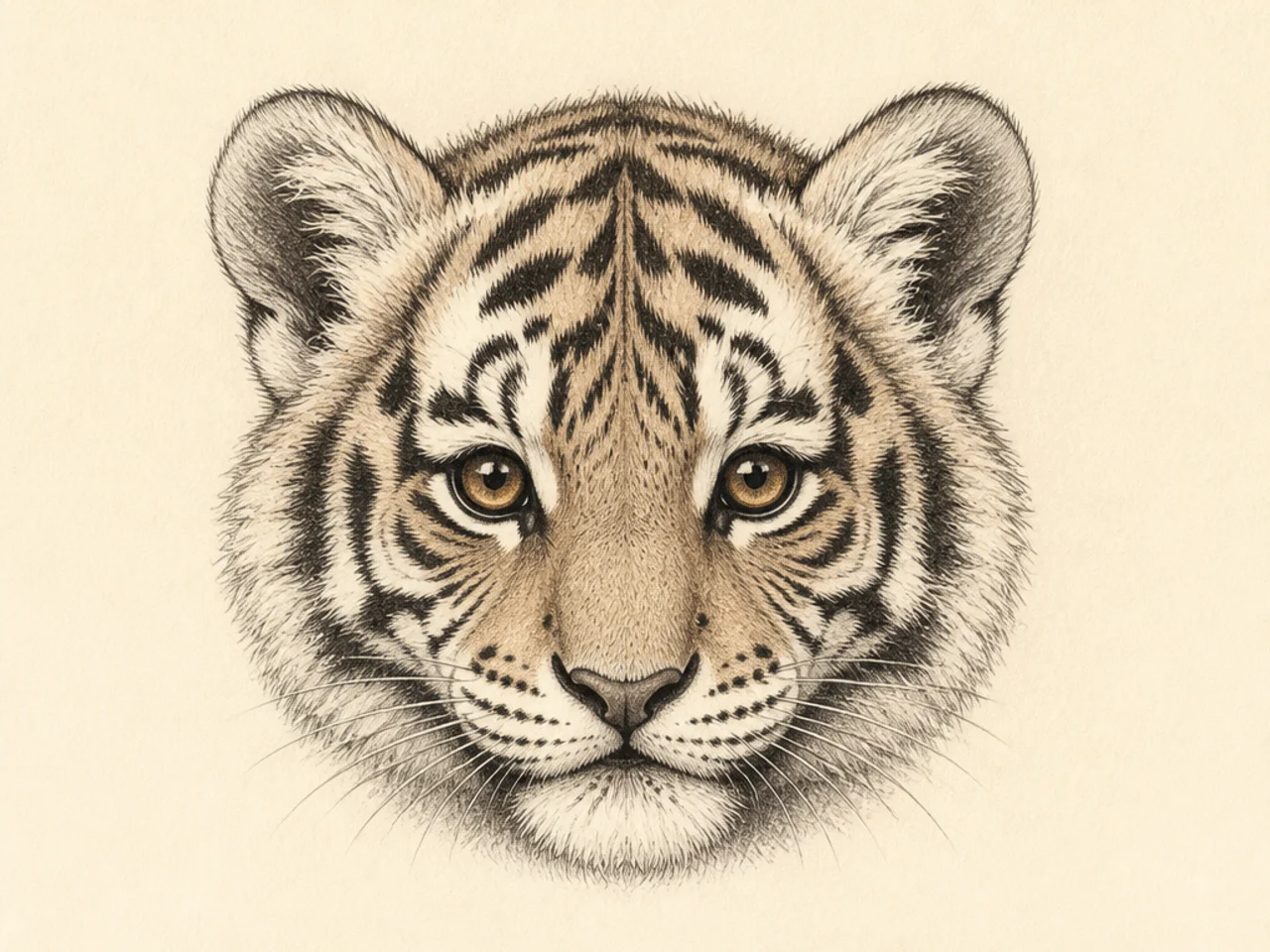 A young tiger cub face with big eyes and soft fuzzy stripes