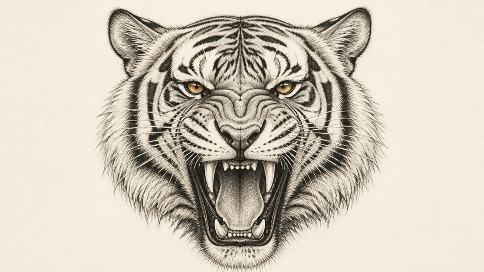A tiger face mid-roar with a wide open mouth and visible teeth