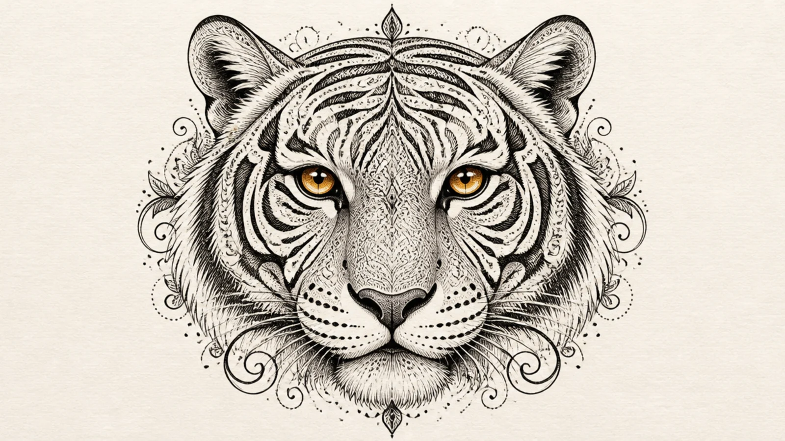 A decorative symmetrical tiger face with ornamental stripe patterns