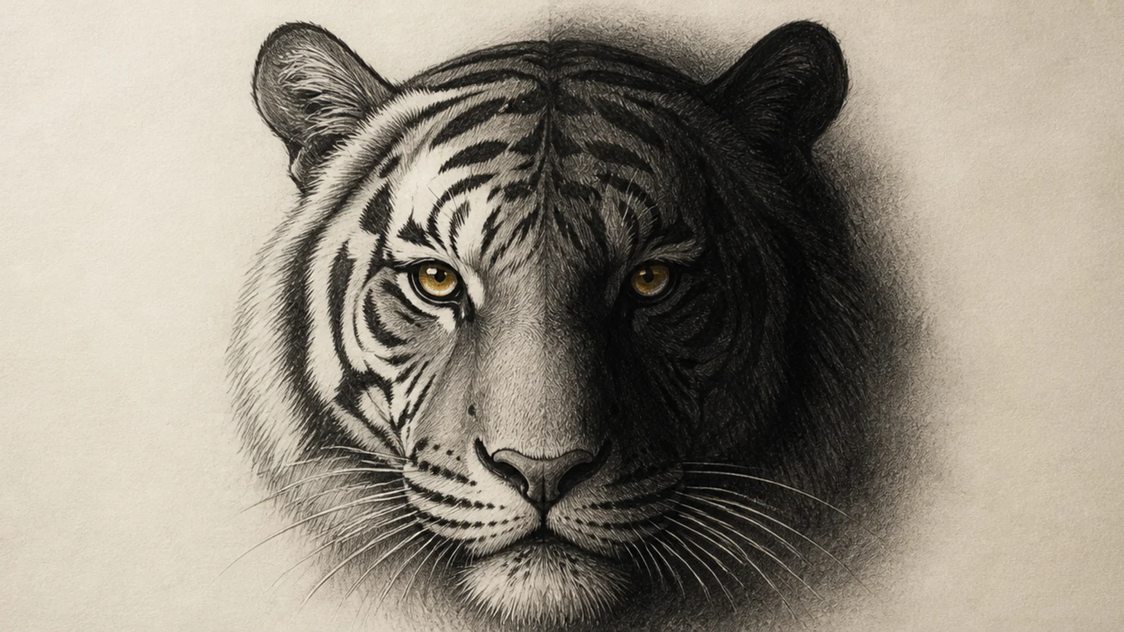 A tiger face half lit and half in shadow watching intently