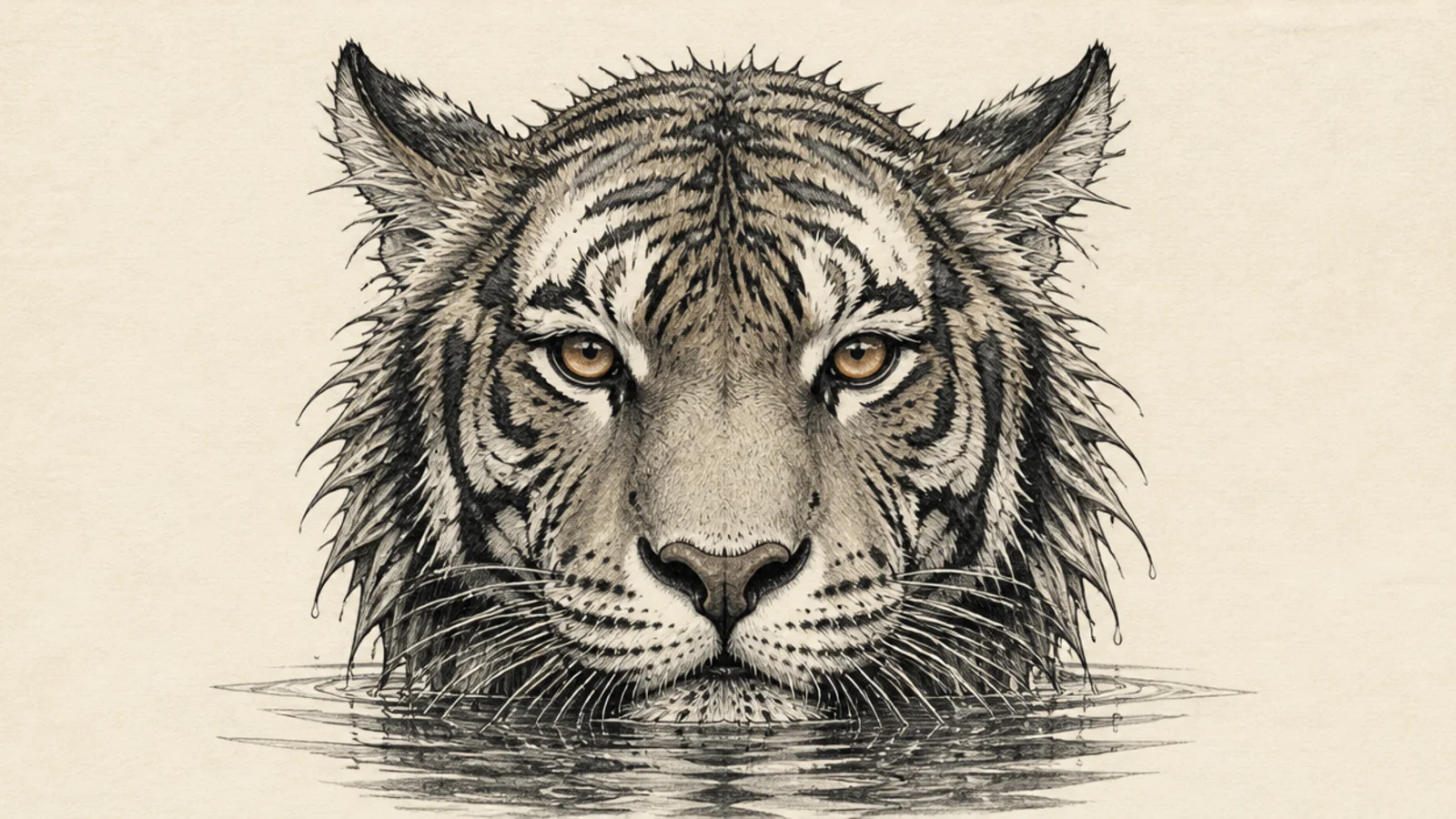 A tiger face with wet clumped fur emerging from water