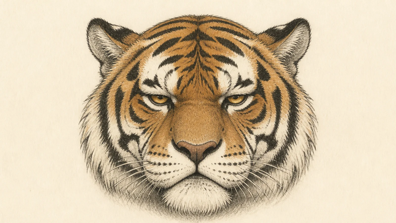 A tiger face with a grumpy squinting, unimpressed expression