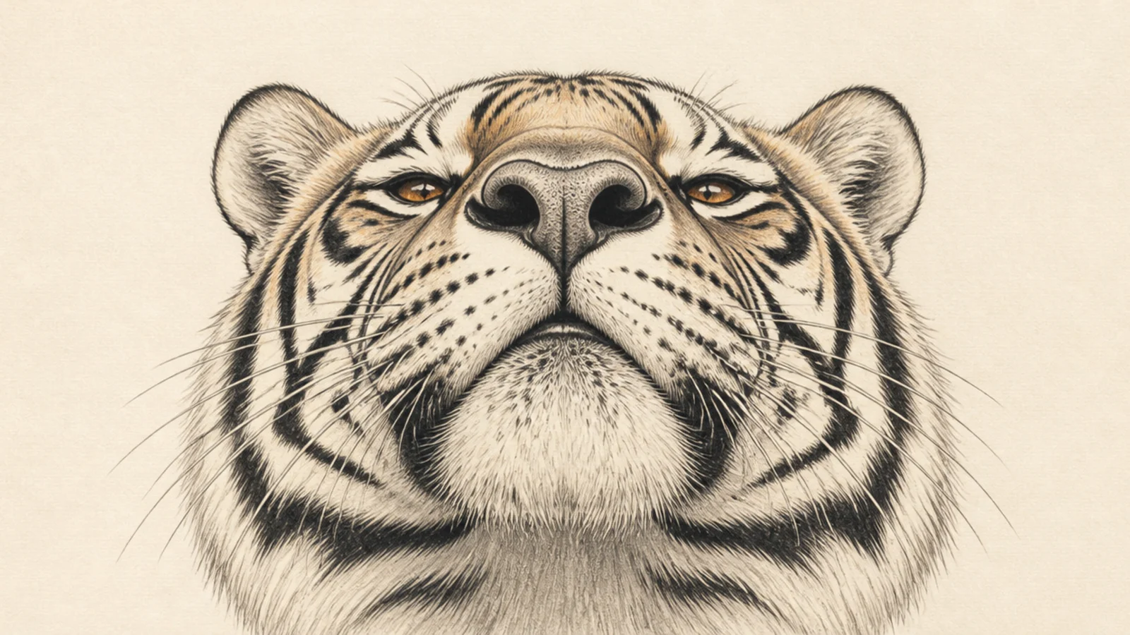 A tiger face tilted up sniffing with the nose emphasized