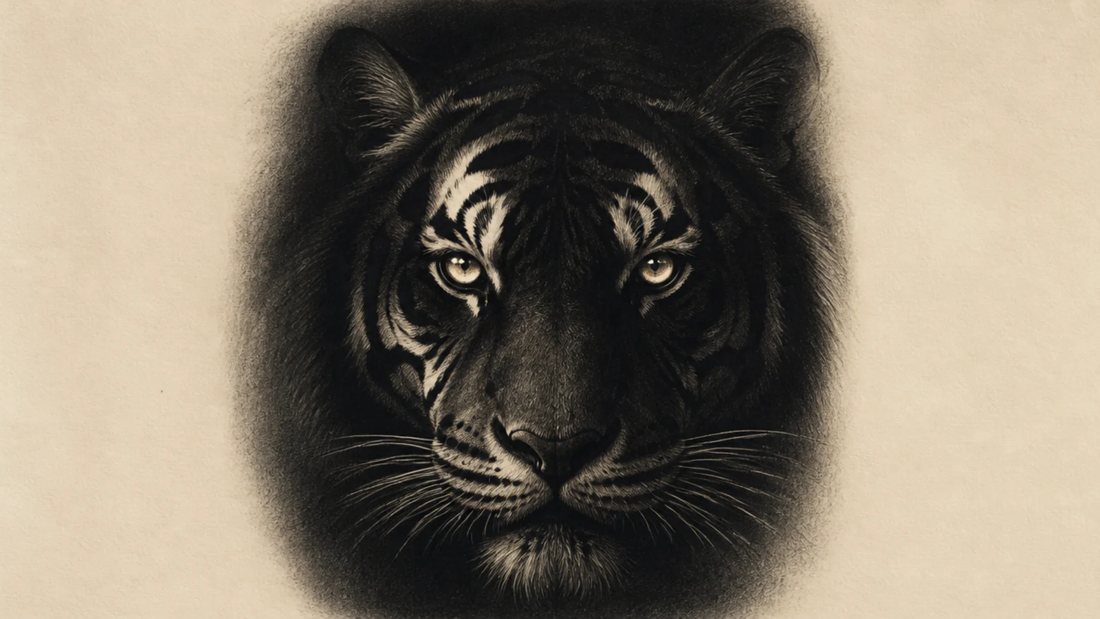 A tiger face in darkness with reflective glowing eyes
