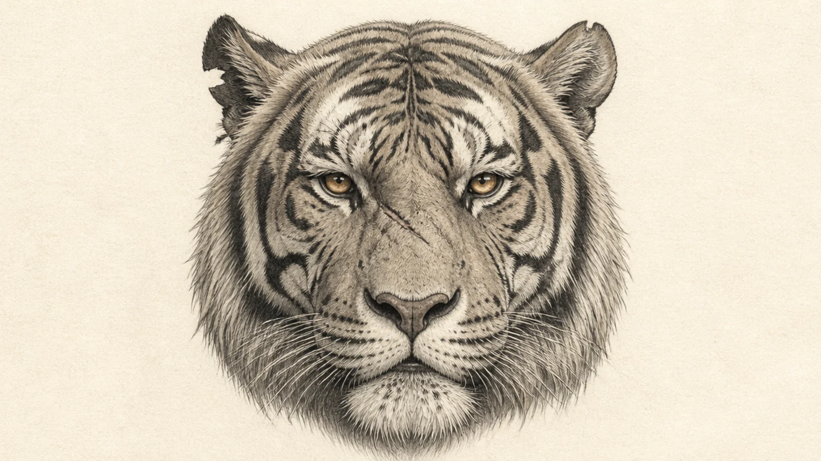 An old tiger face with scars, notched ears, and weathered fur