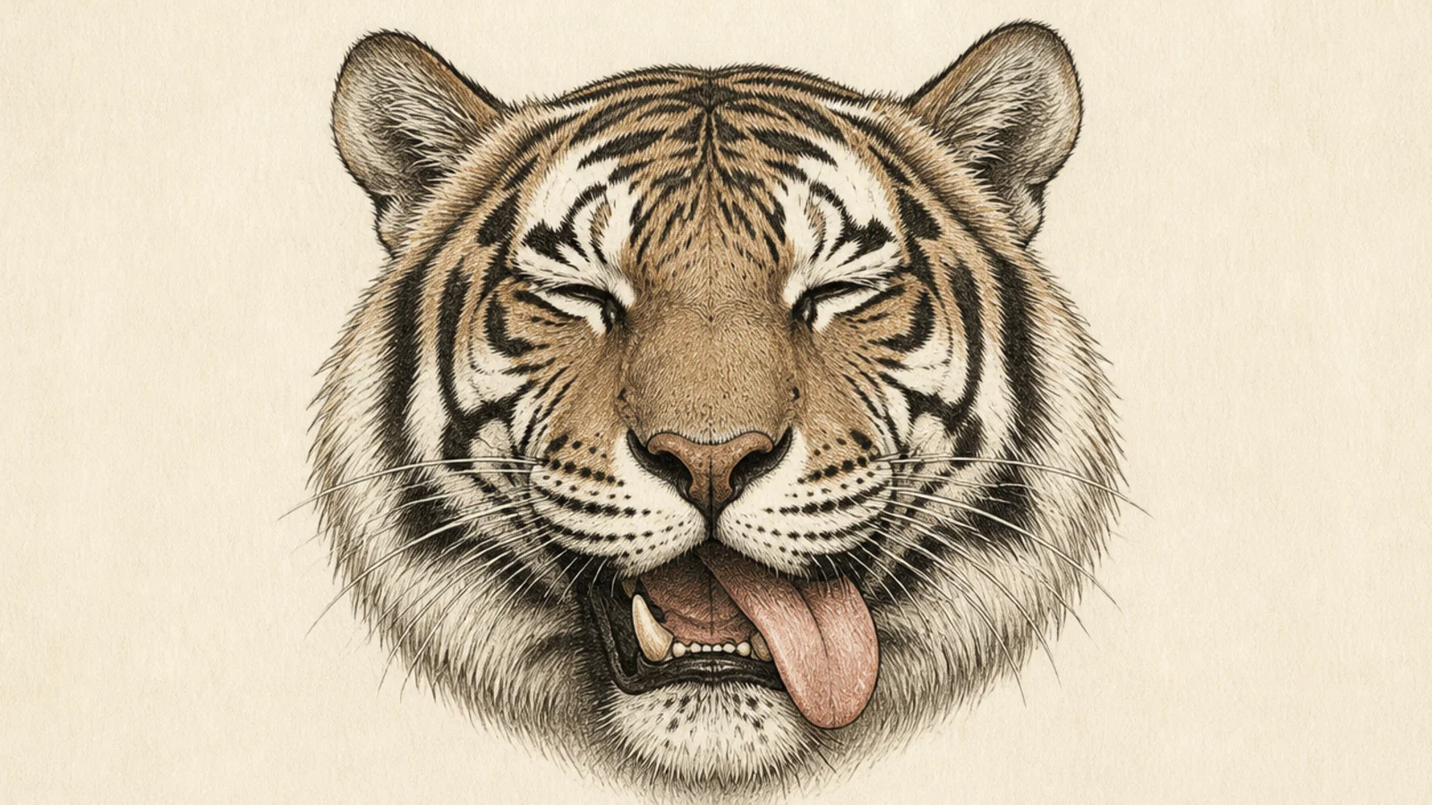 A relaxed tiger face with the tongue lolling out playfully