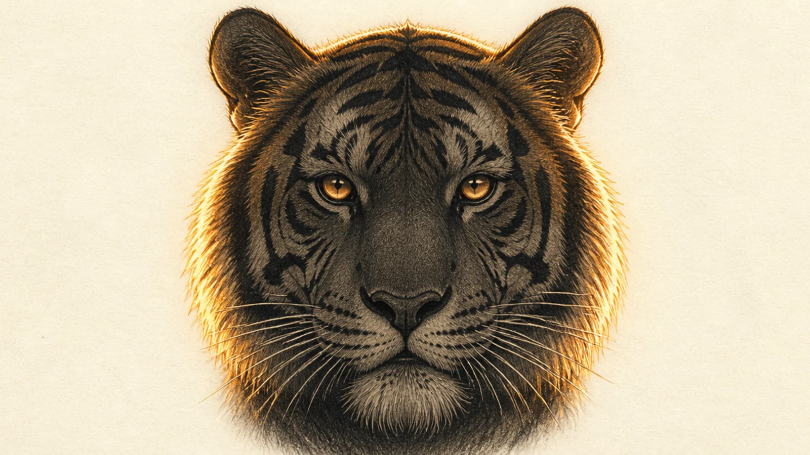 A tiger face backlit by sunset with a glowing outline