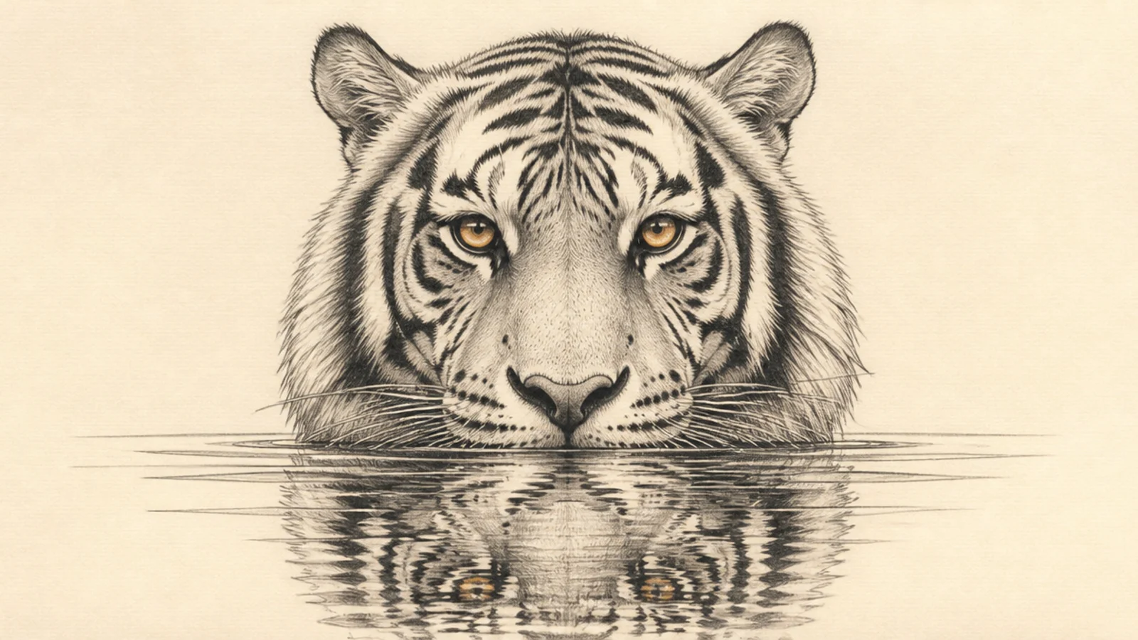 A tiger face above its rippled reflection in still water