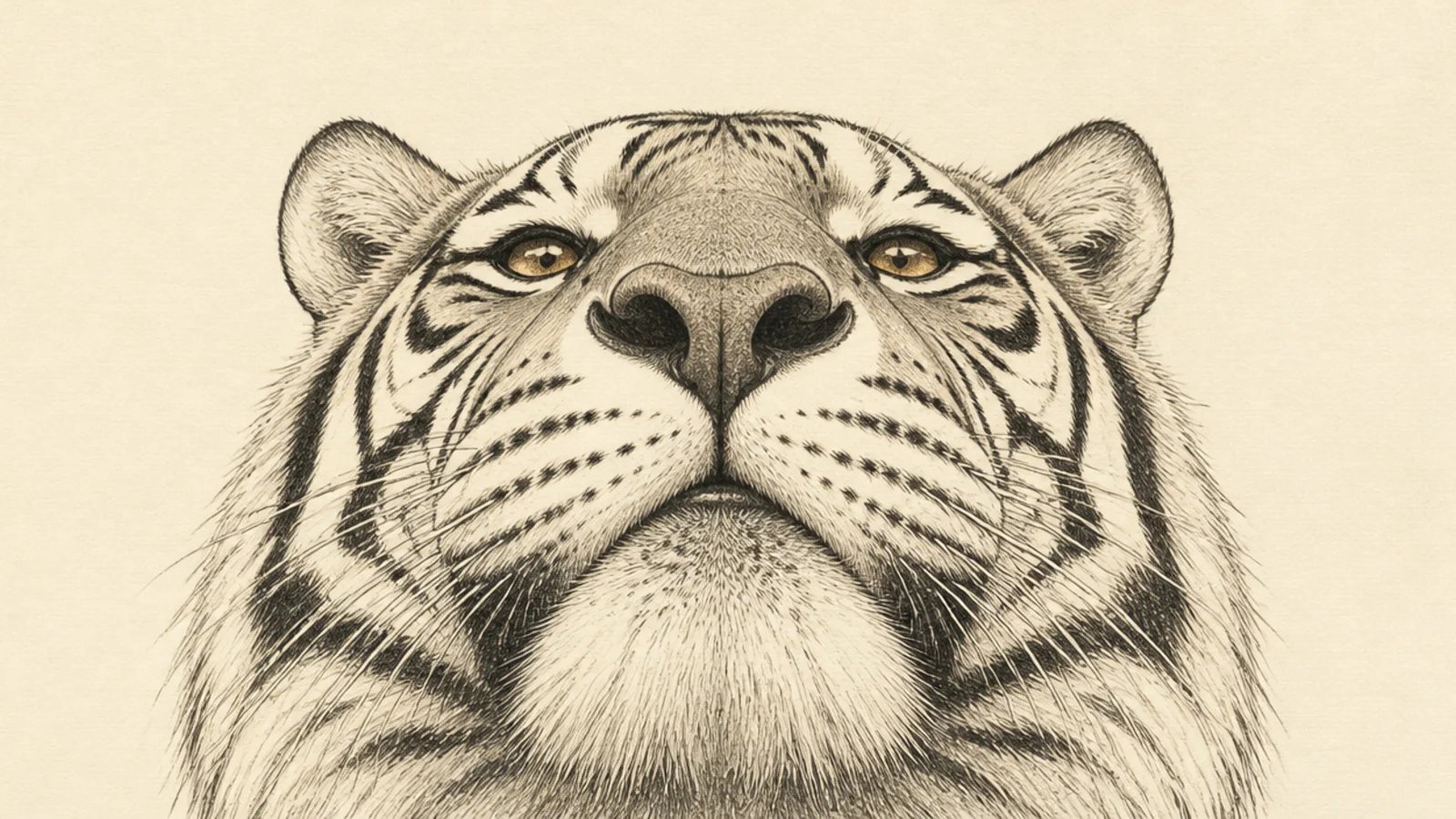 A tiger face seen from below looking down powerfully
