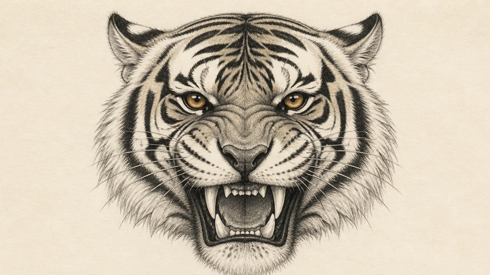 A snarling tiger head with bared fangs and a wrinkled nose