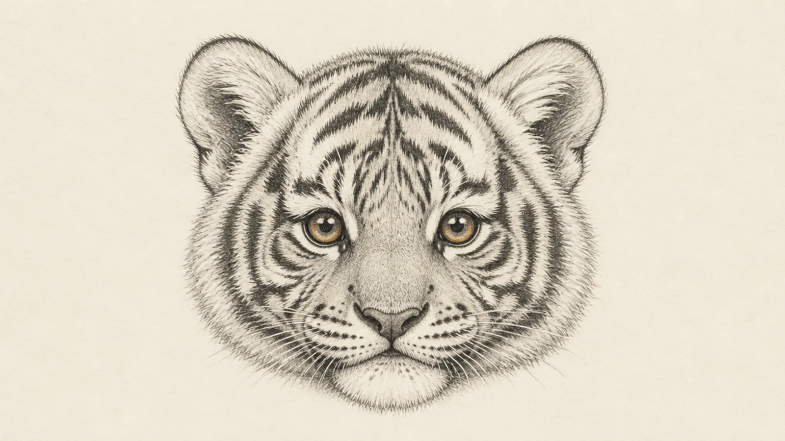 A young tiger cub head with big eyes and a small muzzle