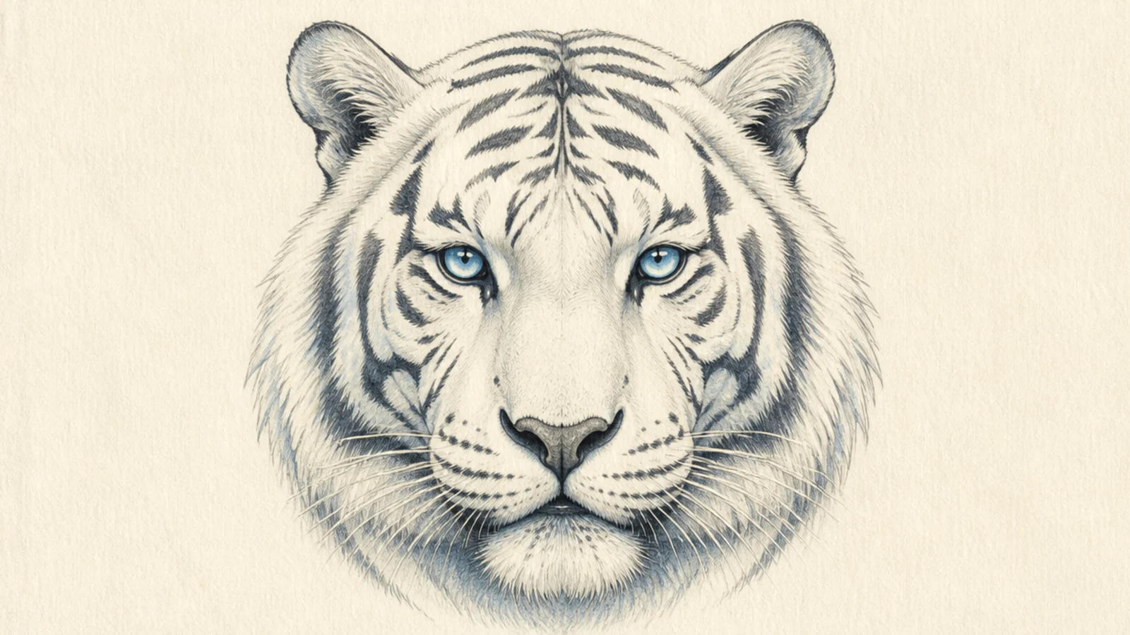 A white tiger head with pale fur, dark stripes, and blue eyes