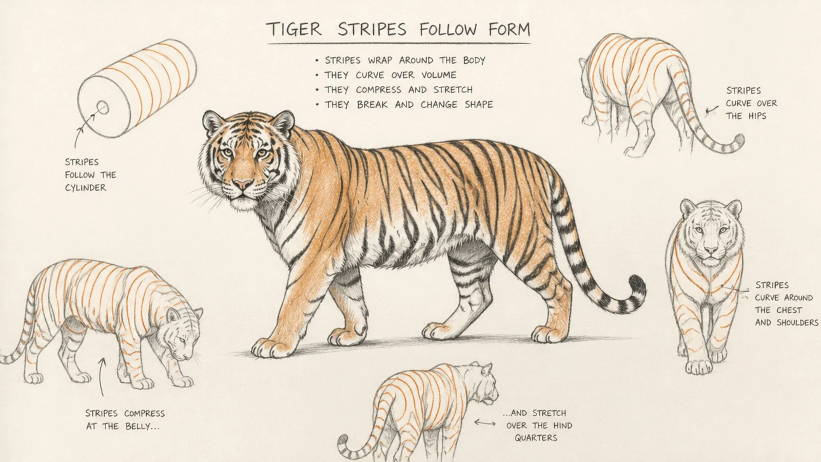 A tiger sketch showing stripes wrapping around the curved body