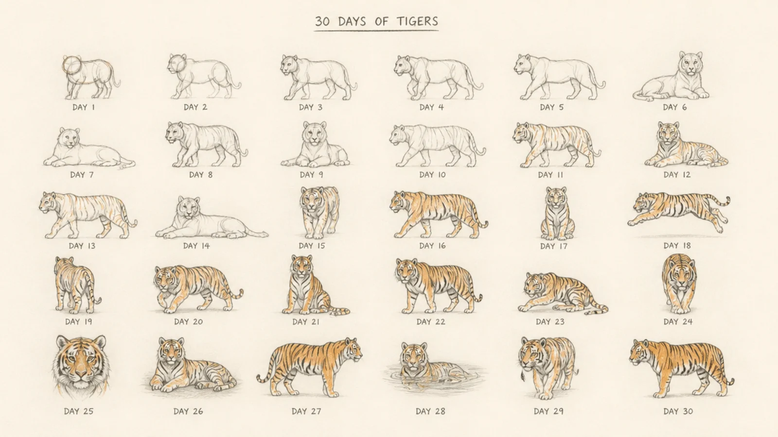 A grid of many daily tiger sketches showing steady progress