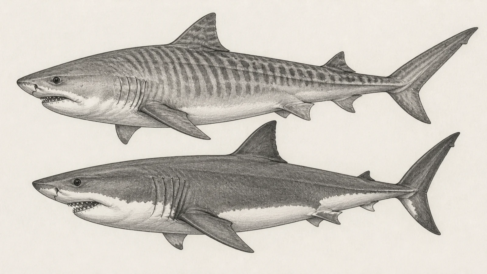 A tiger shark and a great white shark drawn side by side in profile
