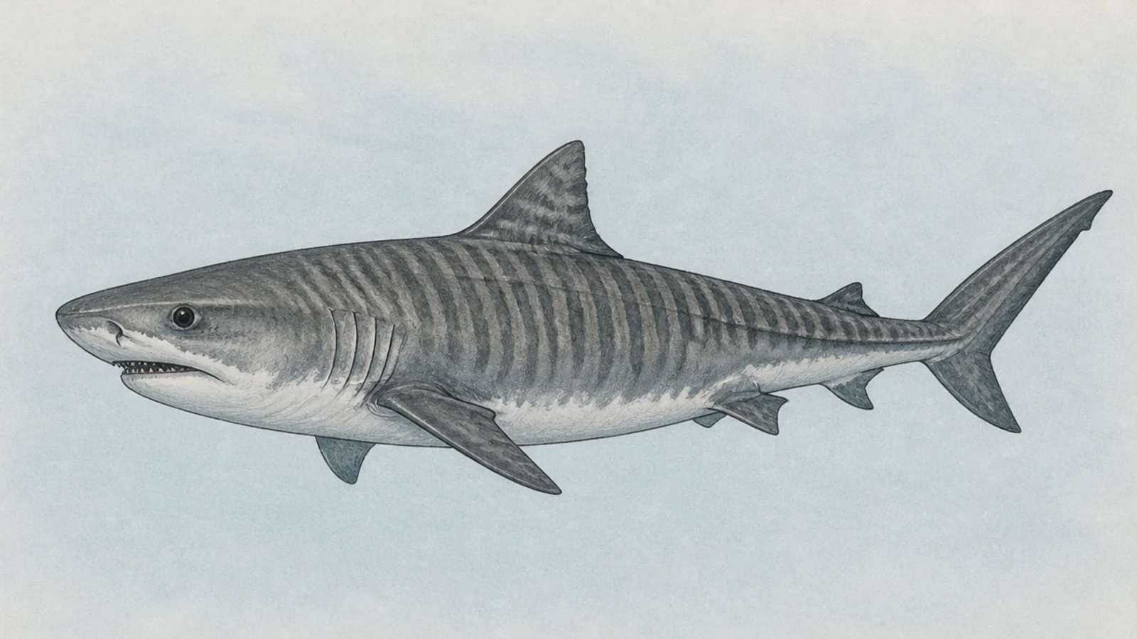 A tiger shark showing its bold dark vertical bars