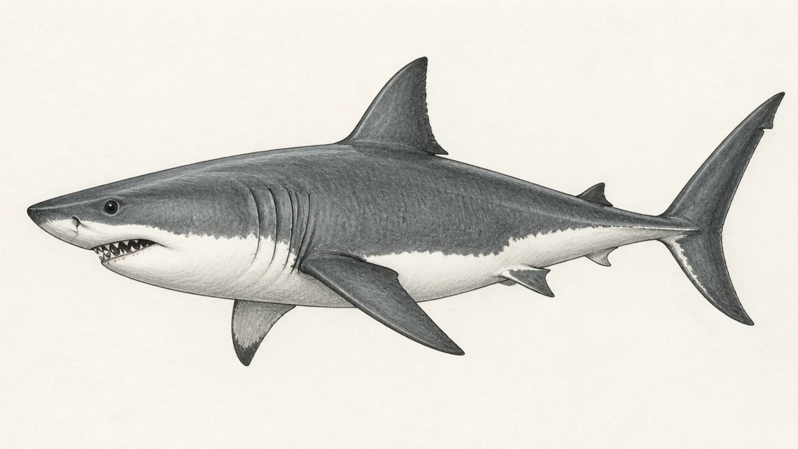 A great white shark with a crisp grey-to-white belly line