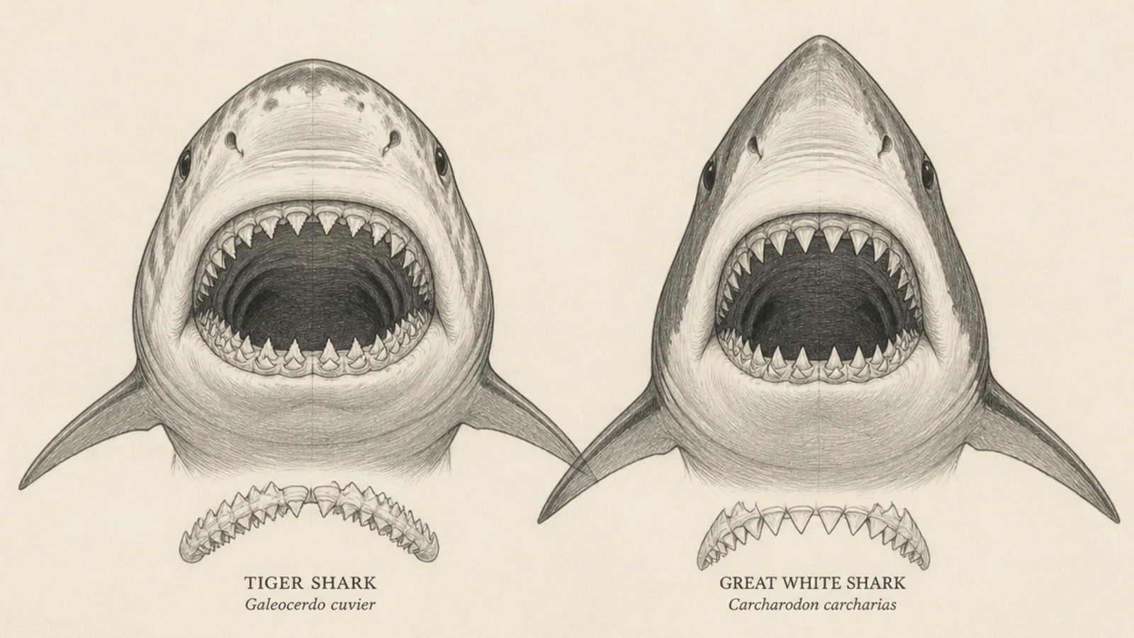 Two shark mouths compared, one with serrated and one with triangular teeth
