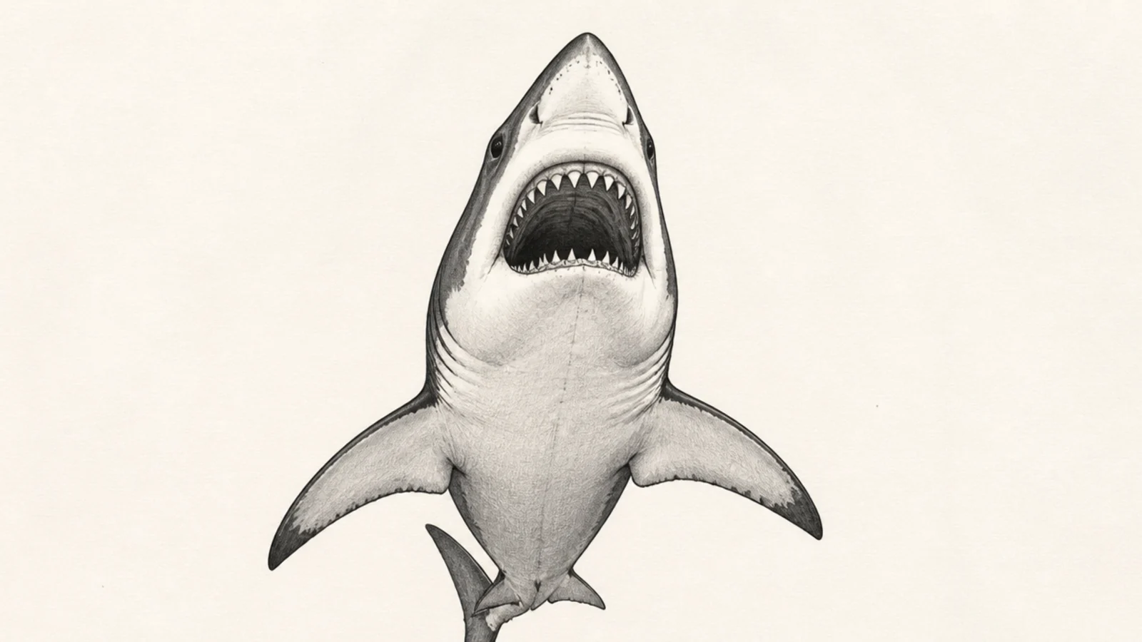 A great white shark rising from below with its mouth open