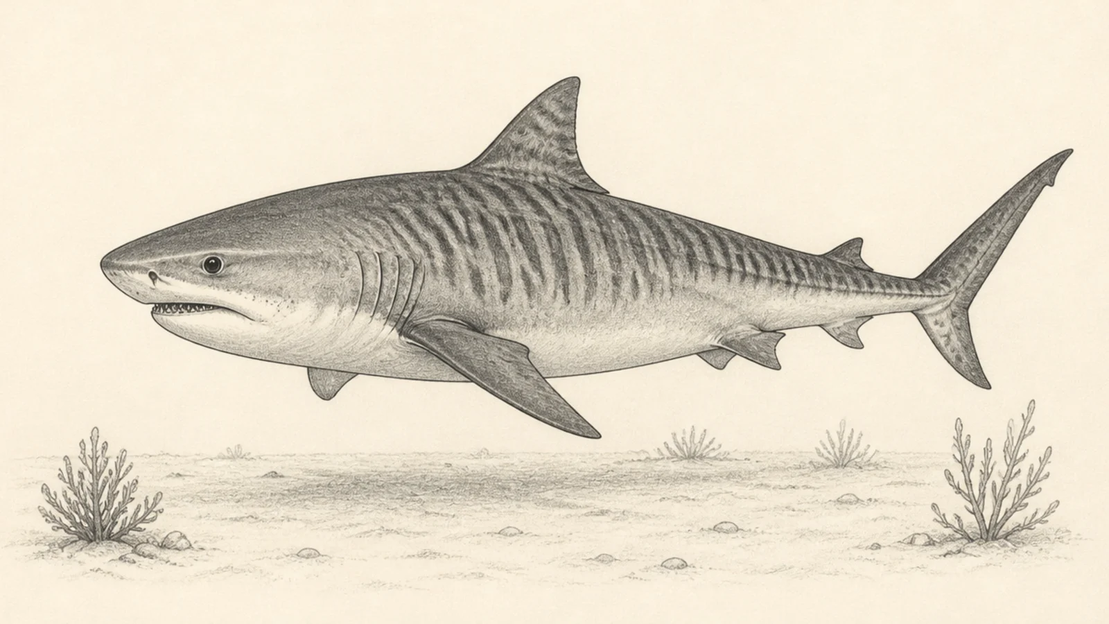 A tiger shark cruising slowly along the seafloor