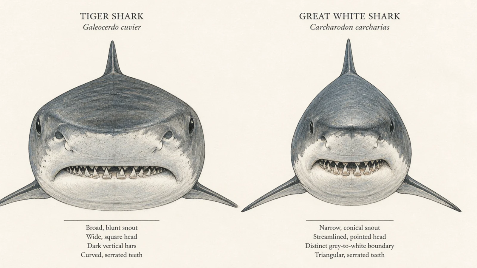 A tiger shark and great white head drawn from the front