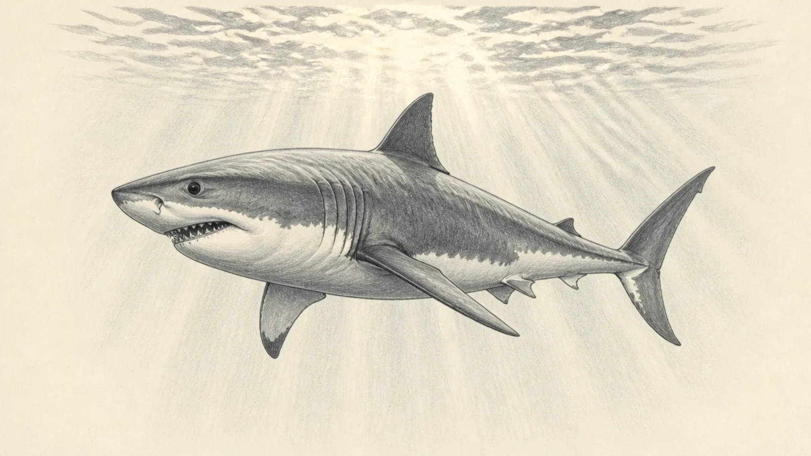 A shark silhouette against sunlit water from below