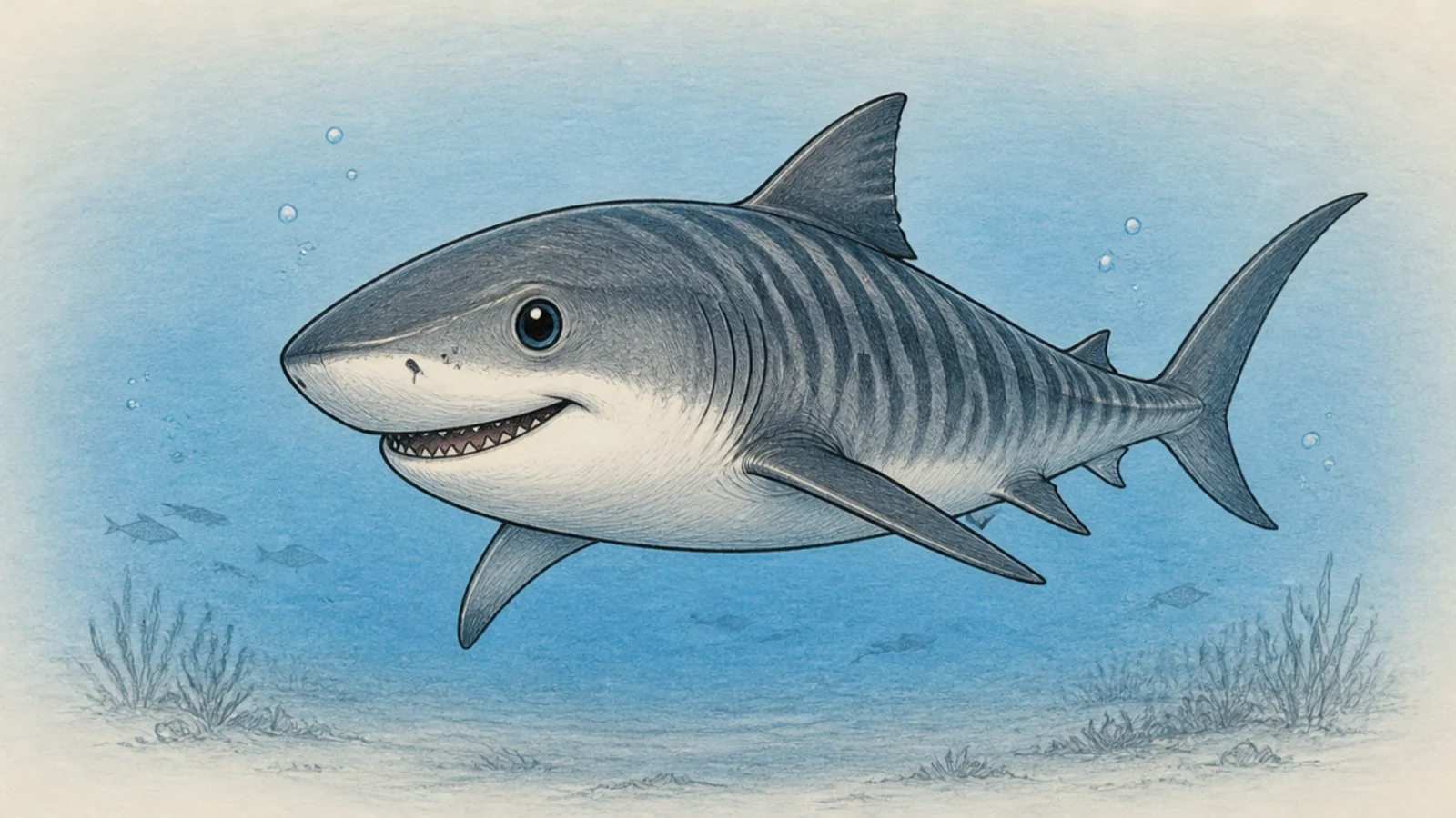 A friendly cartoon tiger shark with big eyes and bars
