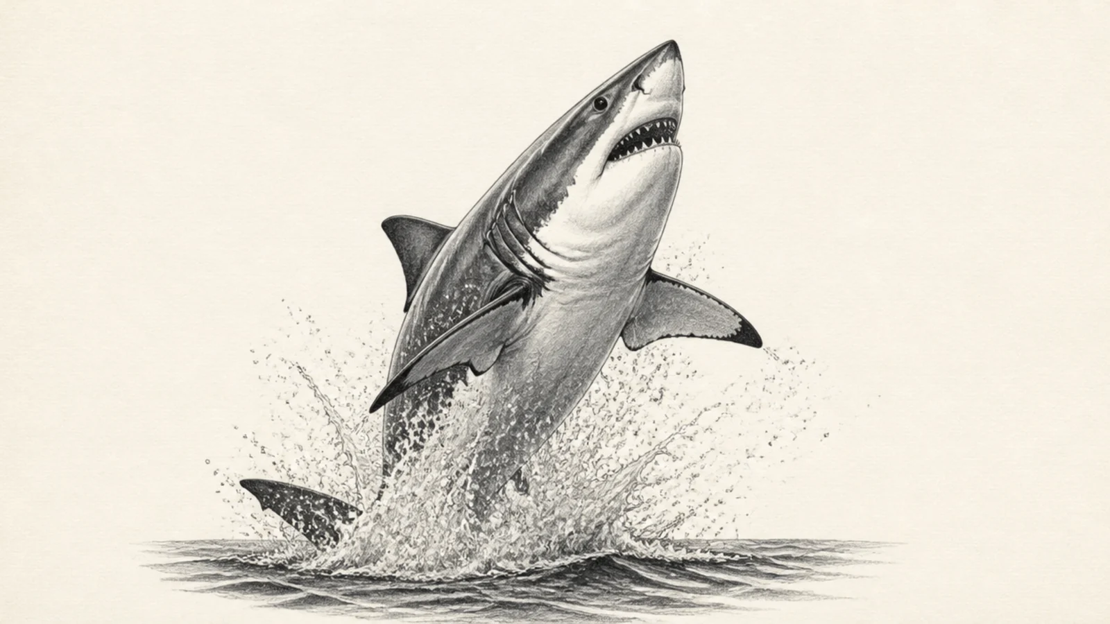 A great white shark breaching fully out of the water