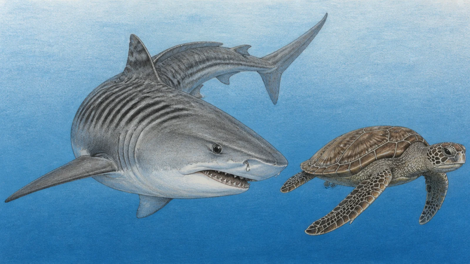 A tiger shark approaching a sea turtle in open water