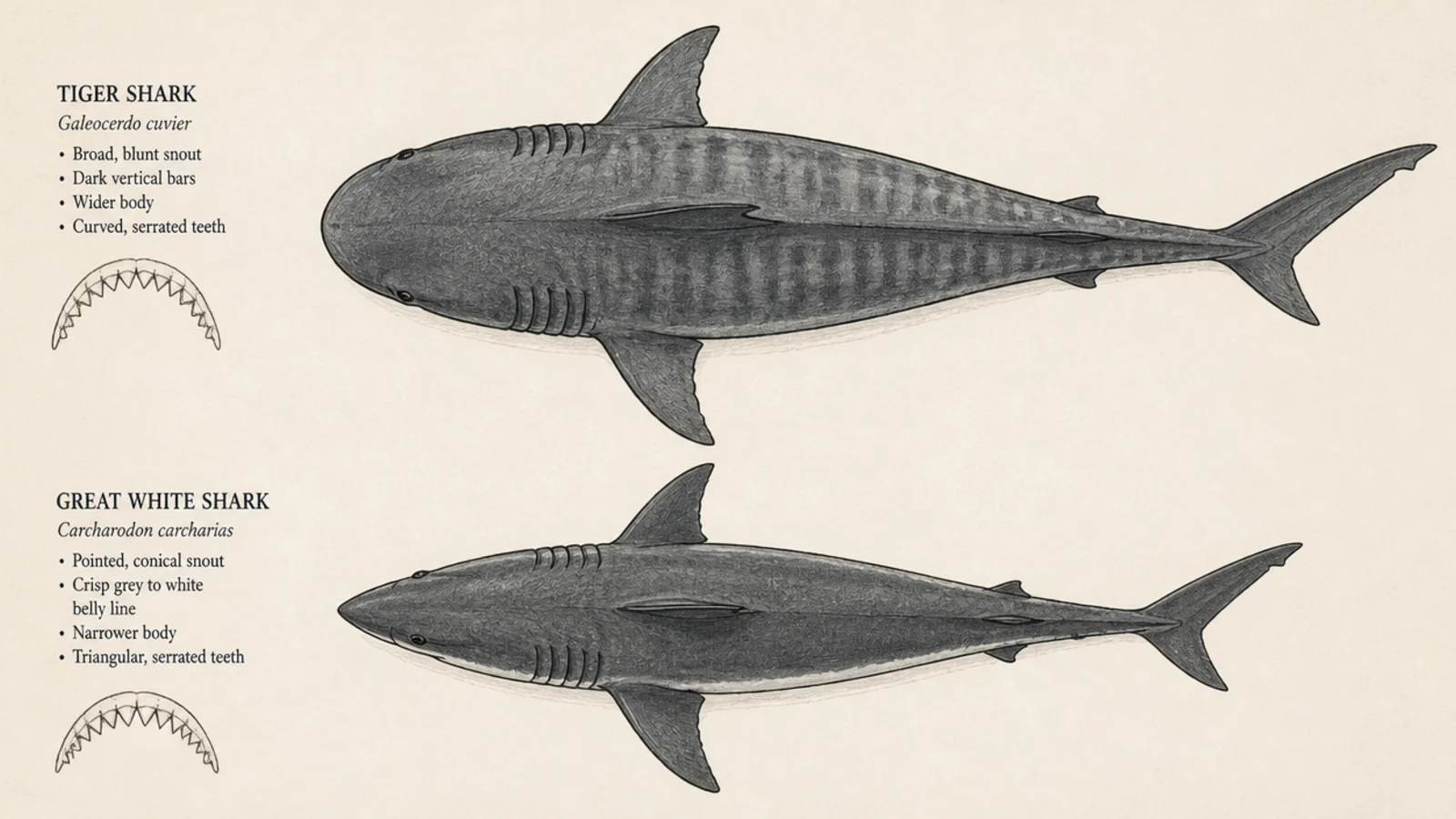 A tiger shark and great white seen from directly above