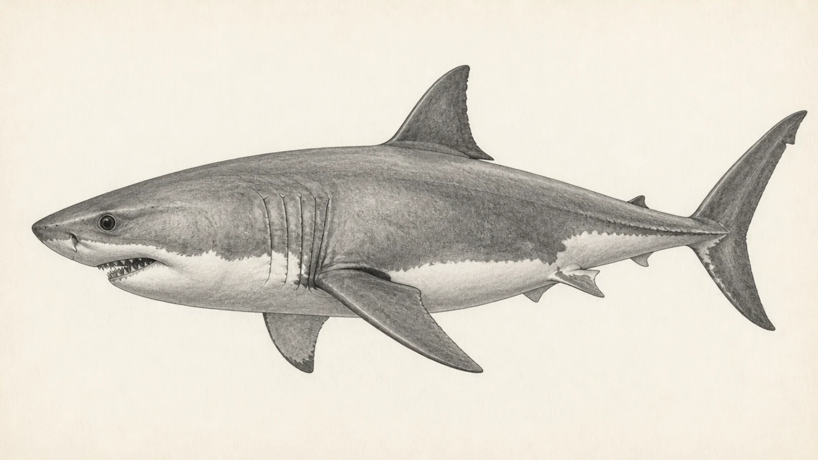 A detailed realistic great white shark with shading and gills