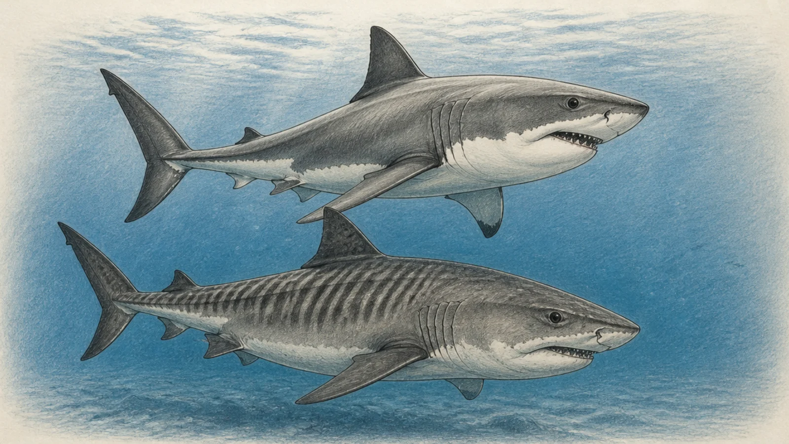 A tiger shark and a great white together in a full ocean scene