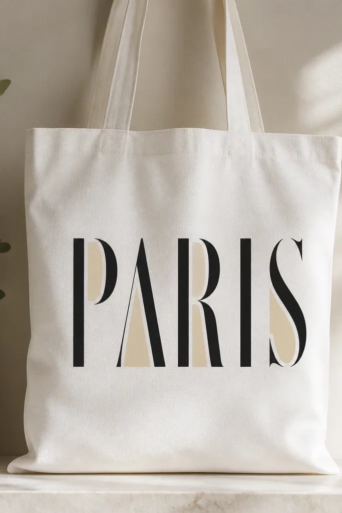 A white tote with a centered black stencil-style sign that reads "PARIS" in tall serif letters, with cream shading behind select letters; the edges are crisp and the background is clean.