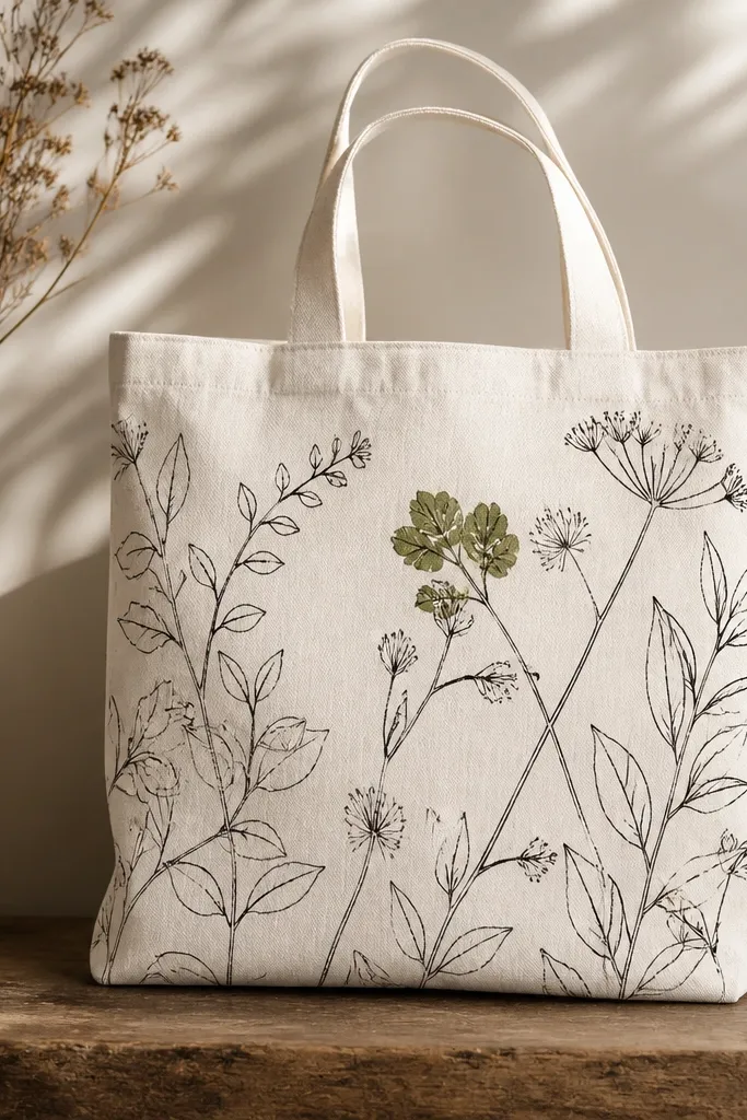 A natural canvas tote featuring dark charcoal botanical stems and thin leaf outlines, with only one small cluster filled in olive green; the rest is line-only.